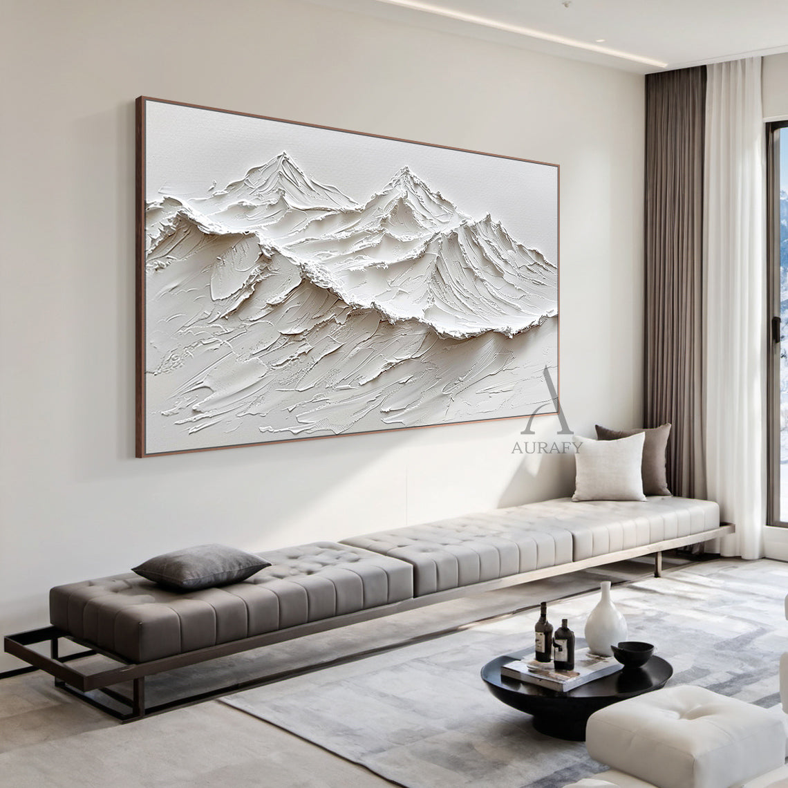 AURA319 3D Textured White Mountain Landscape Art - Minimalist Wabi-sabi Style with Heavy Impasto Layers, Snow-Capped Peaks in Ivory & Alabaster Shades. Ideal for Modern Living Room Sofa Backdrop, Outdoor Garden Wooden Fence Decor, Japandi Bedroom Headboard Accent, Cozy Reading Nook Wall Focal Point, or Indoor-Outdoor Patio Wall Statement Piece. This piece features organic edges and layered strokes that catch light, evoking serenity for high-end home and garden spaces. Perfect for above sofa sets or garden s