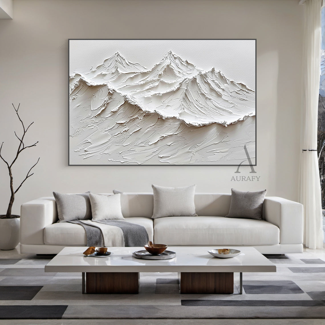 AURA319 3D Textured White Mountain Landscape Art - Minimalist Wabi-sabi Style with Heavy Impasto Layers, Snow-Capped Peaks in Ivory & Alabaster Shades. Ideal for Modern Study Desk Backdrop, Nordic-style Dining Room Wall Decor, Courtyard Leisure Area Stone Wall Ornament, Luxury Entryway Corridor Accent, or Sunroom Glass Wall Side Artistic Embellishment. This piece features organic edges and layered strokes that catch light, evoking serenity for high-end home and garden spaces. Perfect for above study desks o