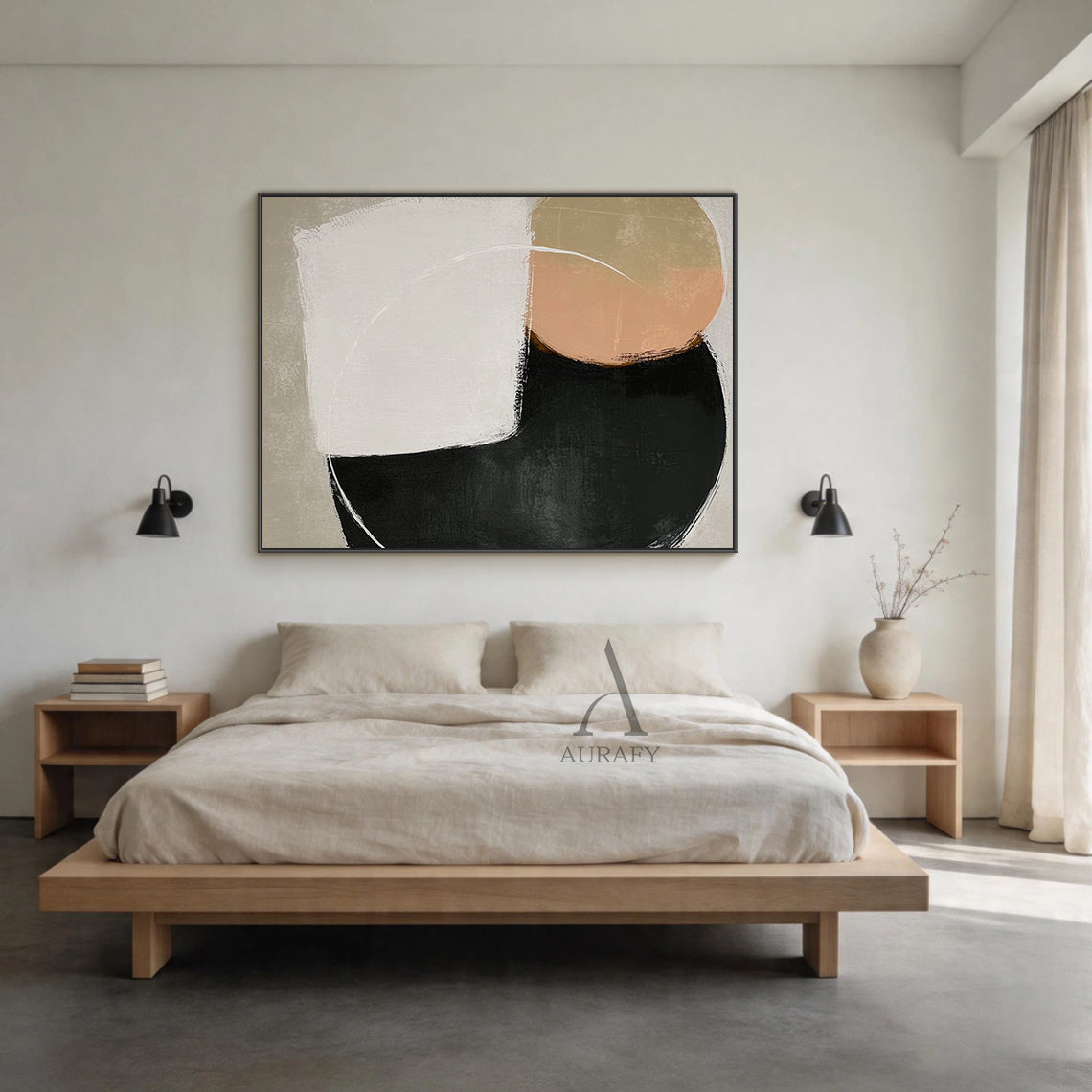 Minimalist Black Beige Wall Art AURA400 with wabi-sabi influences—3D tactile brushstrokes, matte distressed finishes. Features rounded & angular geometric shapes in black, beige, off-white, soft peach. Ideal for Scandinavian-style study room, minimalist entryway wall, or above wabi-sabi dining table.