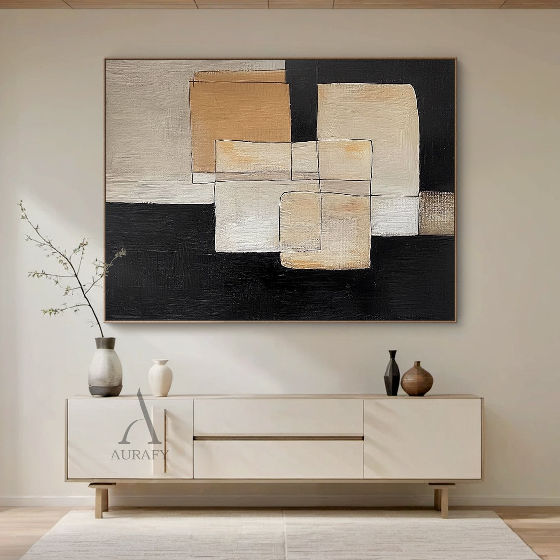 Hand-painted minimalist Japandi geometric abstract acrylic canvas wall decor on-wall display (AURA645), features overlapping softened square and rectangular blocks in gradient neutral beige shades (off-white, light warm beige, khaki, brown-toned beige) paired with high-purity black blocks as base and segmentation, outlined by thin casual black lines with no sharp edges, presents clear hand-painted knife stroke textured thick paint layers, its low-saturation soft muted neutral color palette fits perfectly wi