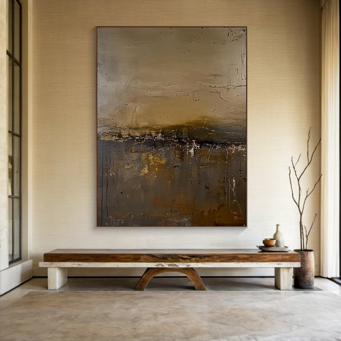 General Abstract Black Art Plaster-like Textured Japandi Wall Decor with Scratched Layers (AURA197) — Earth tone base (beige, light brown, dark brown) with black accents, rough layered texture from scratch and smudge strokes, modern abstract style ideal for minimalist, modern or luxury home spaces like entryways or living rooms. Displayed above a wooden bench in a neutral-toned room.