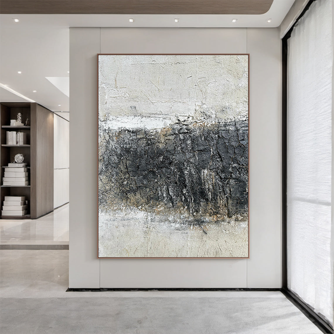 Abstract Black White Art with Crackle Texture (AURA219) | Modern Abstract Minimalist Luxe Wall Decor. Features thick knife strokes, tactile plaster finish, 3D impasto, and subtle light gold/beige undertones. Ideal for Japandi living room focal point, modern bedroom wall art, home office decor, or above sofa/console table. Balances deep black, soft off-white & gray with intentional crackle texture (wabi-sabi influences). Framed vertical abstract piece with strong light-dark contrast and layered, textured sur