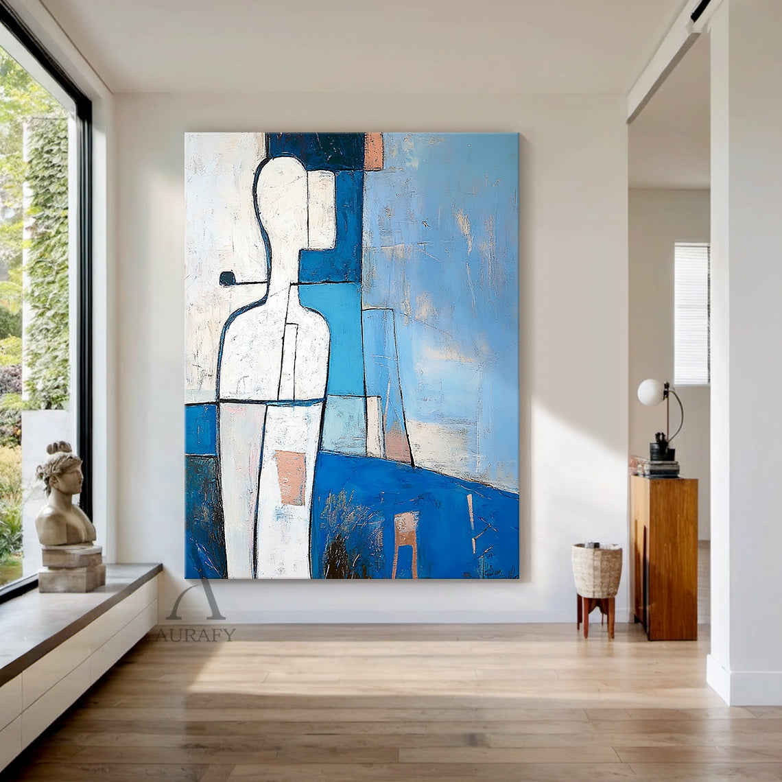 Modern abstract blue geometric artwork, portrait orientation, left side features abstract white human figure outlined in bold black lines and split into geometric facets, dotted with small warm orange accents, set against layered geometric background in varying shades of blue (deep navy to soft sky blue), gray, white and orange blocks, with visible tactile impasto brush strokes across the canvas, subtle simplified abstract environmental symbols at bottom right corner.