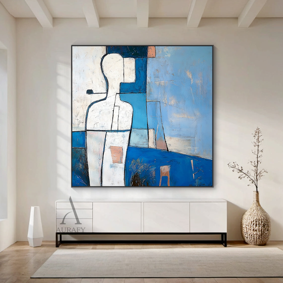 Modern abstract blue geometric artwork, portrait orientation, left side features abstract white human figure outlined in bold black lines and split into geometric facets, dotted with small warm orange accents, set against layered geometric background in varying shades of blue (deep navy to soft sky blue), gray, white and orange blocks, with visible tactile impasto brush strokes across the canvas, subtle simplified abstract environmental symbols at bottom right corner.