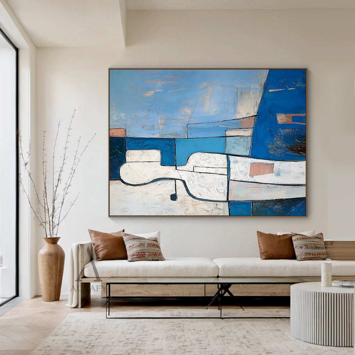 Modern abstract blue geometric artwork, portrait orientation, center displays the iconic abstract white human figure outlined in bold black lines and segmented into geometric facets, dotted with small warm orange accent details, set against overlapping geometric background in varying shades of blue (deep navy to pale sky blue), gray, milky white and tangerine blocks, with clear tactile impasto brush strokes across the entire canvas, understated simplified abstract plant symbols at the top left corner.
