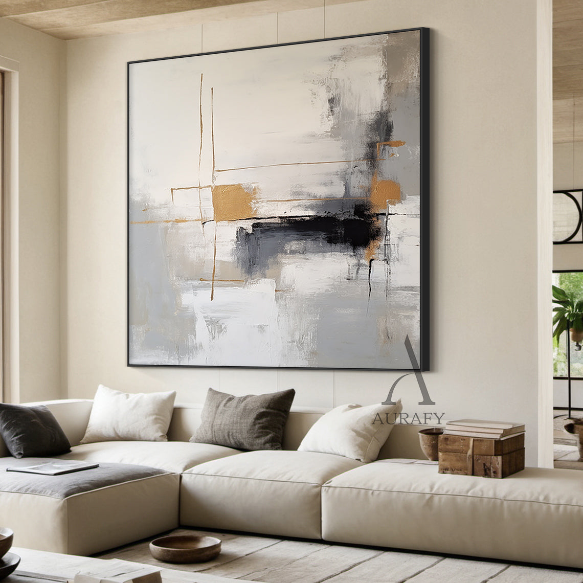 Modern Abstract Gray White Tactile Brushstroke Gold Accent Minimalist Luxe Wall Art (AURA493) — impasto brushstrokes create a 3D textured surface with layered light-to-deep grays, crisp white base, warm gold lines/blocks, and bold black abstract strokes. Ideal for modern bedroom headboards, minimalist living room sofa backdrops, high-end hotel lobbies, light luxury entryway cabinet tops, or designer studio walls to infuse quiet sophistication, understated opulence, and rich visual layers.