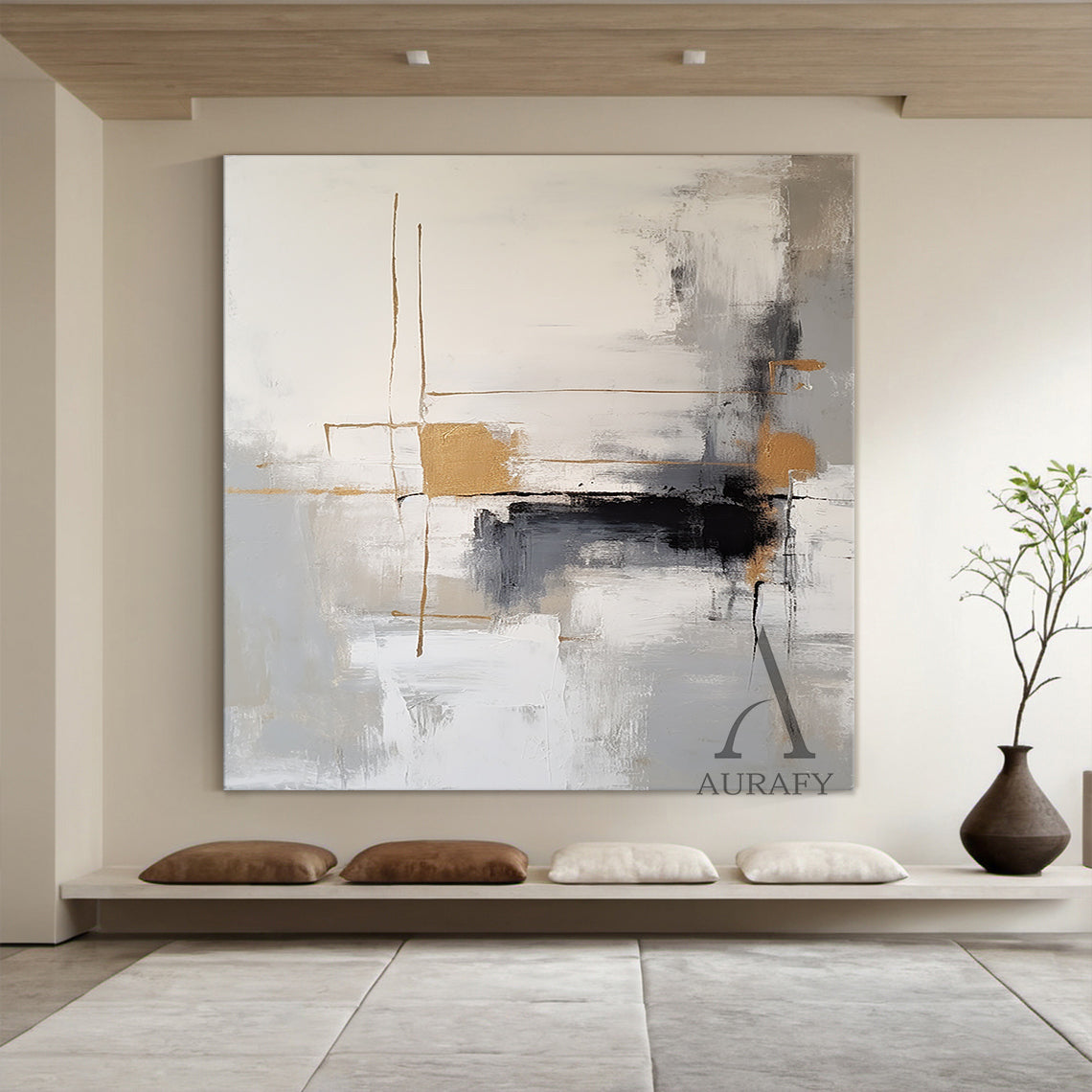 Modern Abstract Gray White Tactile Brushstroke Gold Accent Minimalist Luxe Wall Art (AURA493) — impasto brushstrokes create a 3D textured surface with layered light-to-deep grays, crisp white base, warm gold lines/blocks, and bold black abstract strokes. Ideal for Scandinavian-style studies, above modern dining tables, luxury entryways, sleek home offices, or open-concept living areas to infuse subtle elegance, understated opulence, and striking visual dimension.