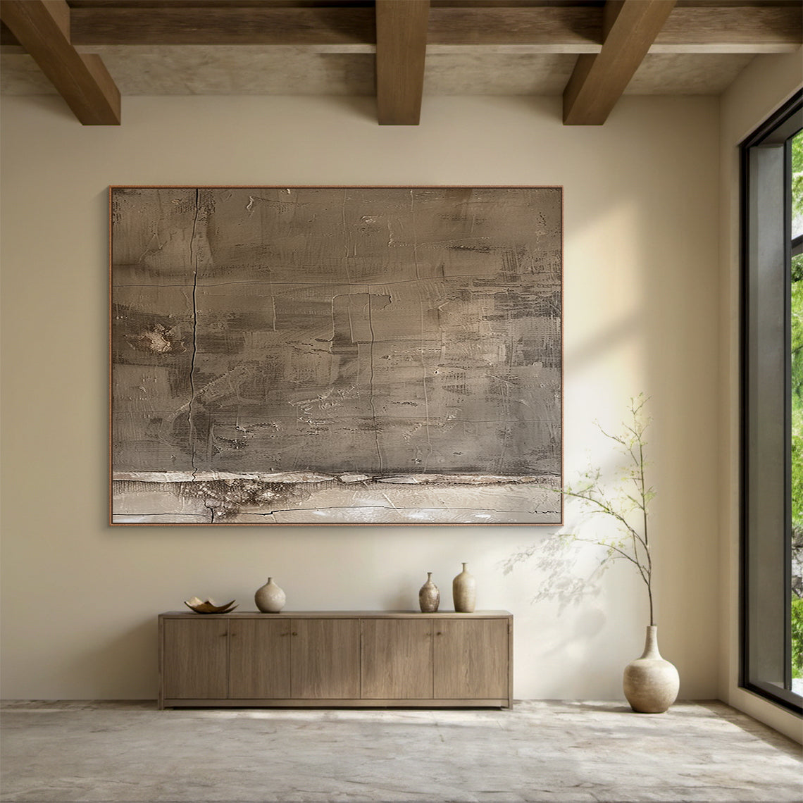Abstract Blue Textured Plaster Art - High-relief tactile canvas with thick impasto layers, cracked organic texture, and horizontal/vertical lines. Cold gray palette (light gray, deep gray, off-white) with blue undertones, embodying Wabi-sabi philosophy. Displayed in a modern Nordic minimalist study (light oak desk, white open shelves, small potted eucalyptus), ideal for Nordic study focal point, minimalist home office decor, or contemporary workspace accent. Serene, sophisticated vibe perfect for fostering