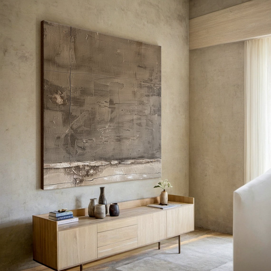 Abstract Blue Textured Plaster Art - High-relief tactile canvas with thick impasto layers, cracked organic texture, and horizontal/vertical lines. Cold gray palette (light gray, deep gray, off-white) with blue undertones, embodying Wabi-sabi philosophy. Displayed in a Scandinavian minimalist living room (light gray linen sofa, natural wool area rug, solid oak coffee table, small potted fiddle leaf fig), ideal for living room focal point, minimalist home decor, or contemporary living space accent. Serene, so