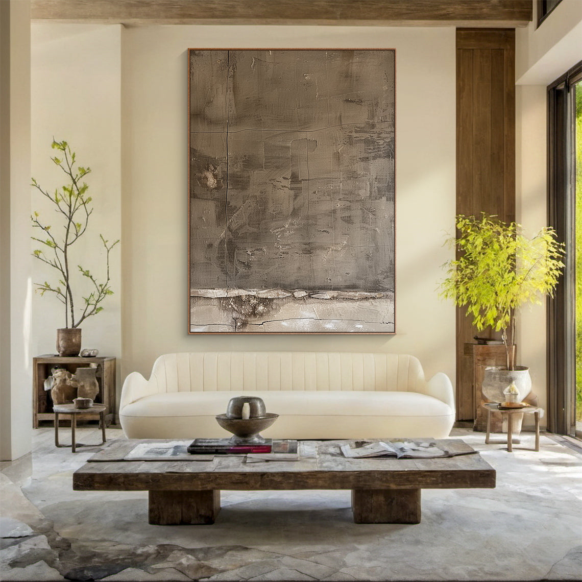 Abstract Blue Textured Plaster Art - High-relief tactile canvas with thick impasto layers, cracked organic texture, and horizontal/vertical lines. Cold gray palette (light gray, deep gray, off-white) with blue undertones, embodying Wabi-sabi philosophy. Displayed in a modern Japandi minimalist interior (wooden floor, neutral walls), ideal for Japandi living room focal point, minimalist bedroom decor, or modern space accent. Serene, sophisticated vibe perfect for grounding minimalist spaces. Thick plaster te