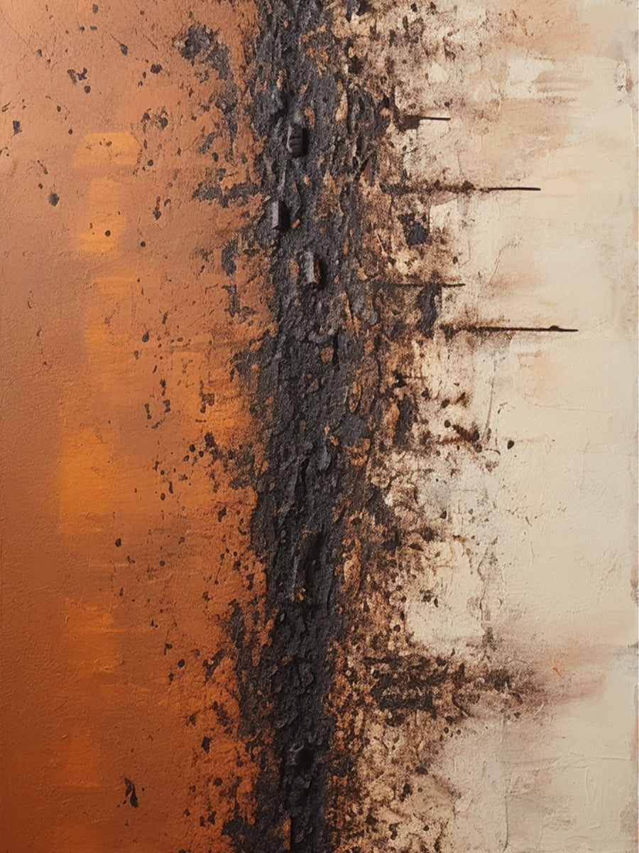 AurafyArt AURA214 Modern Abstract Tactile Canvas Art with High-Relief Plaster & Drip Details. Horizontal layers of warm rust orange, deep charcoal, and soft beige, with subtle blue undertones balancing the warm palette. Hanging in an organic modern living room above a neutral beige linen sofa, paired with a solid oak coffee table, handwoven jute rug, and lush fiddle-leaf fig plants. Complemented by earthy terracotta cushions and a rattan floor lamp, adding natural texture and artistic depth to the cozy gath