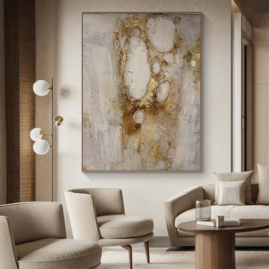 Modern abstract wall art with metallic gold knife strokes, earthy brown-red undertones, and 3D tactile relief. Neutral base (light gray/off-white) with flowing abstract forms. Ideal as a living room focal point, Japandi decor statement piece, or above a minimalist console table. AURA181 abstract painting with thick, textured strokes—perfect for elevating modern, sophisticated home interiors.