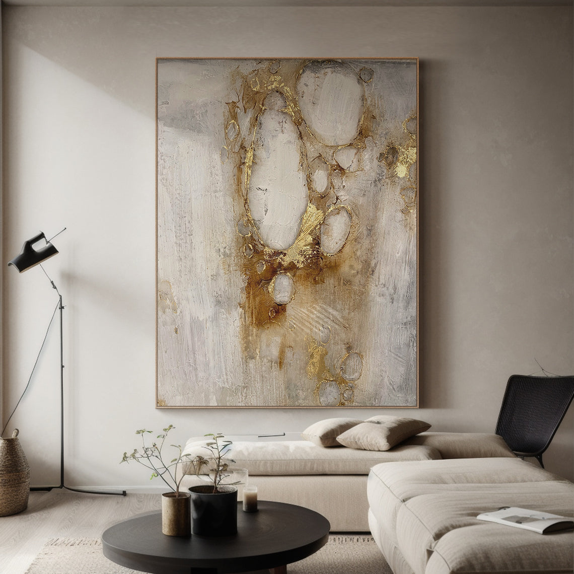 AURA181 abstract painting with thick, textured strokes—metallic gold knife marks, earthy brown-red undertones, and 3D tactile relief. Soft neutral base (light gray) with dynamic abstract forms. Ideal as a living room sofa backdrop accent, elegant dining room wall decor, or a sleek modern office statement piece. Modern luxury abstract wall art, perfect for elevating refined, contemporary home and workspace interiors.
