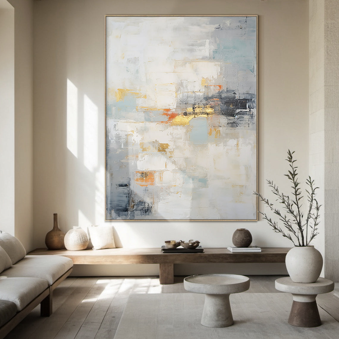 Modern Minimalist Luxe Abstract Blue Canvas Art | Thick Plaster Impasto Texture with Soft Gray-Blues, Neutral Beige/Ivory, Warm Orange Accents & Hand-Applied Gold Leaf. Ideal for Japandi Living Room Decor, Modern Bedroom Focal Point, or Minimalist Office Wall Art—Elevates Serene, Sophisticated Contemporary Spaces.
AURA187 Abstract Wall Art with Tactile 3D Plaster Finish, Gold Leaf Details & Calming Blue-Neutral Palette—Perfect for Nordic, Modern Luxe or Japandi Home Interiors to Add Understated Opulence &