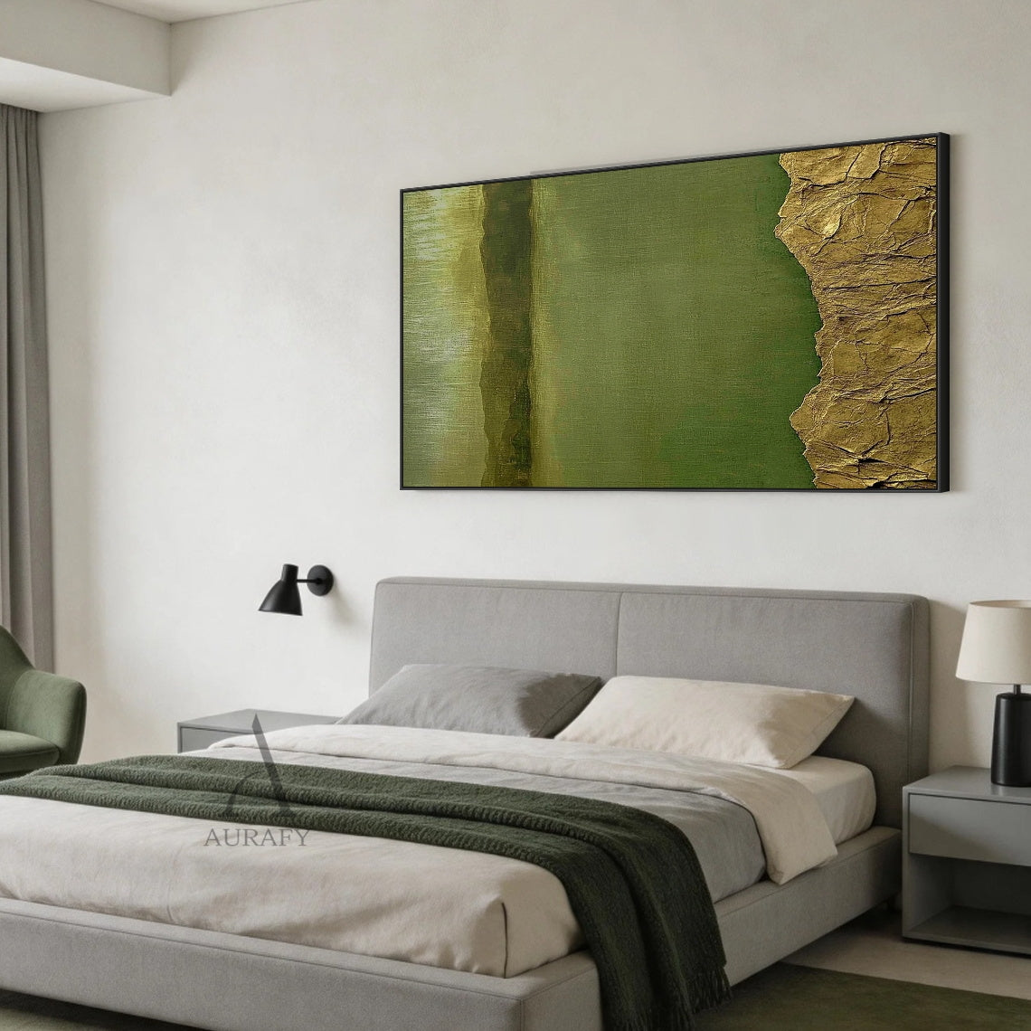 Modern Wabi-sabi Green Landscape Wall Art with tactile 3D cracked golden-brown foreground, smooth muted olive and forest green lake scene, distant hazy hills. Ideal for Japandi entryway accent, cozy reading nook focal piece, or minimalist study room serene decor to amplify tranquil organic atmosphere. AURA408 nature scene wall art merging minimalist grace and wabi-sabi appreciation for imperfect beauty.