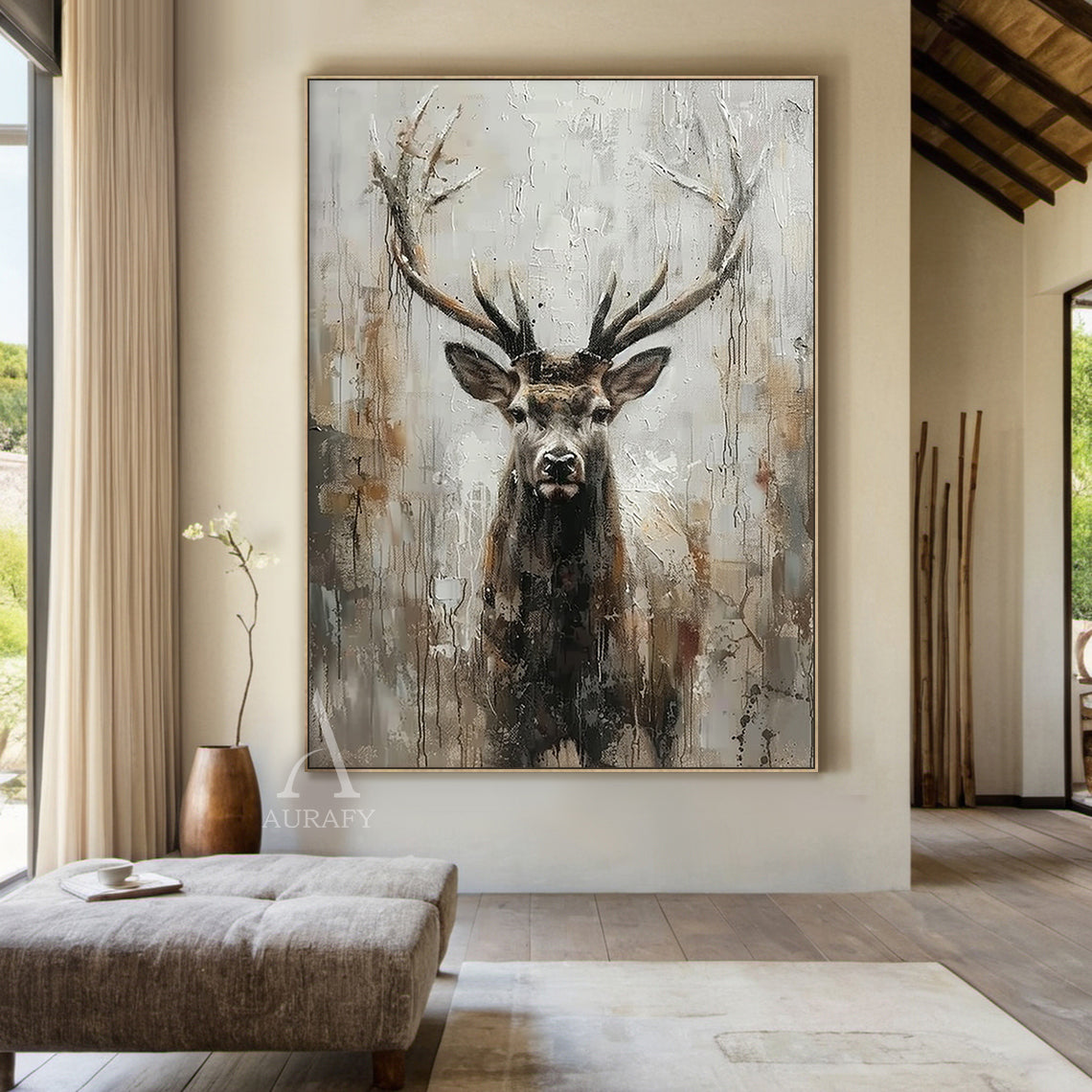 3D Textured Deer Wall Art - Wabi-Sabi Minimalist Painting with Thick Impasto Brushstrokes & Slightly Weathered Natural Texture. Features a gentle antlered deer in soft brown, warm taupe, deep chestnut tones against a muted gray backdrop. Perfect for Scandinavian-style entryway, cozy reading corner, or serene yoga studio decor.