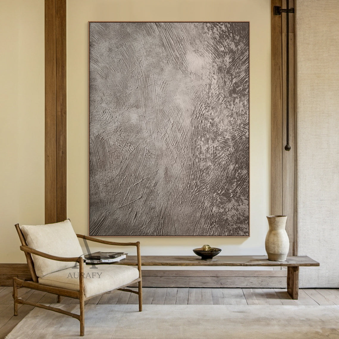 Gray abstract art with plaster textured surface: sculpted parallel and diagonal scratches (varying thickness, density, depth) create dynamic layered visual texture. Industrial minimalist style, neutral gray palette (soft ash to rich charcoal) with subtle light/shadow interplay enhancing depth. Tactile 3D design ideal for modern living room sofa backdrop, luxury bedroom headboard wall, or open-concept study nook decoration (AURA596).