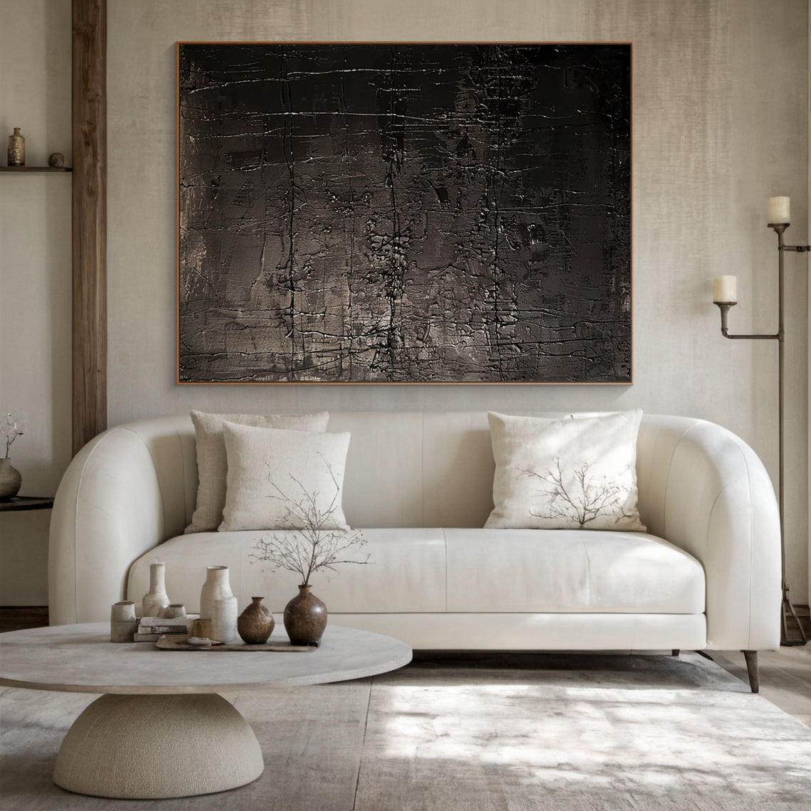 Black Abstract Art Modern Wabi-Sabi Canvas Wall Art (AURA192) - Impasto & Scraped Mottled Rough Tactile Texture with Thick Paint Layers and Crossed Horizontal/Vertical Lines. Displayed in a Minimalist Japanese Study Room with Tatami Mat, Low Wooden Desk, Potted Bamboo, Soft Warm Lighting from Paper Lanterns, and Neutral-toned Cushions. Ideal for Minimalist or Nature-Inspired Home Spaces to Add Artistic Tension.