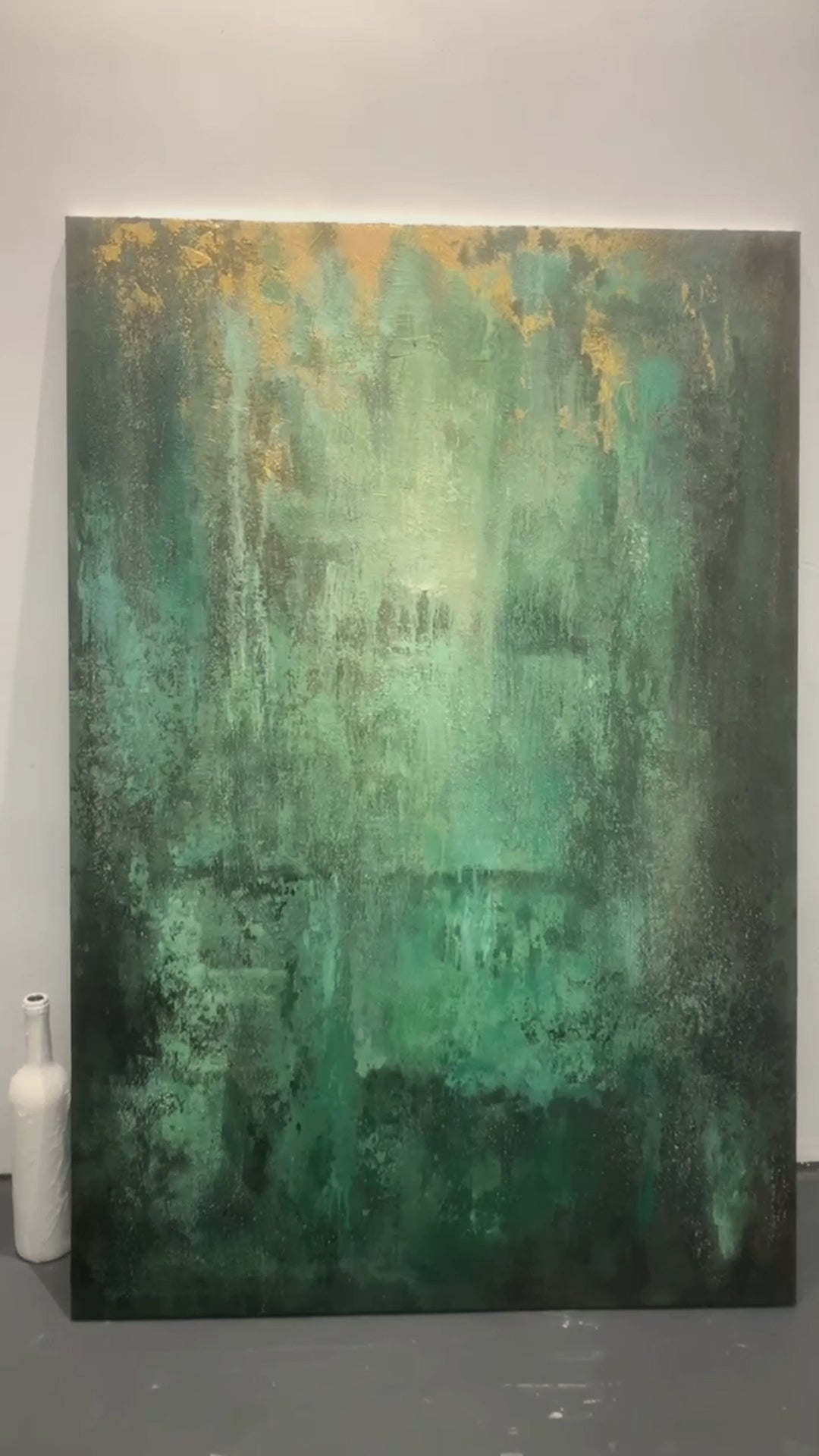Textural Abstract Wall Art – Emerald Green & Gold Patina – AURA038(Vertical)