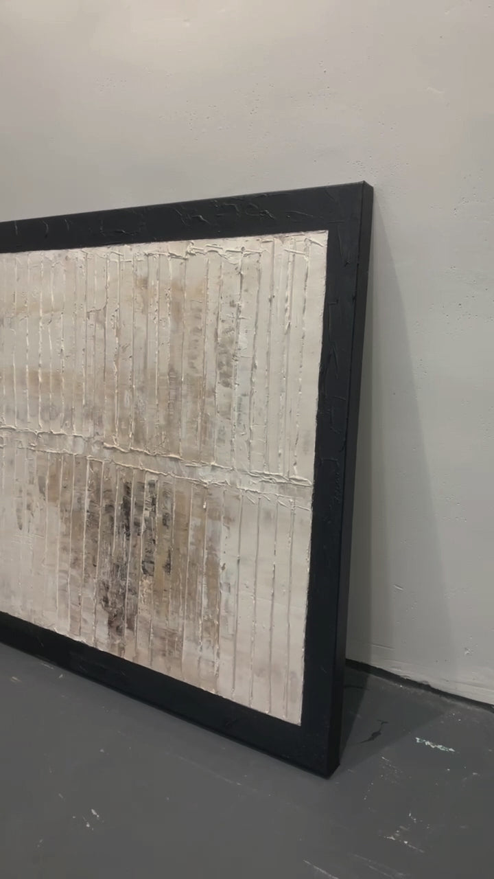 Minimalist Grid Textural Canvas – Cream & Black Accent – AURA006(Horizontal)