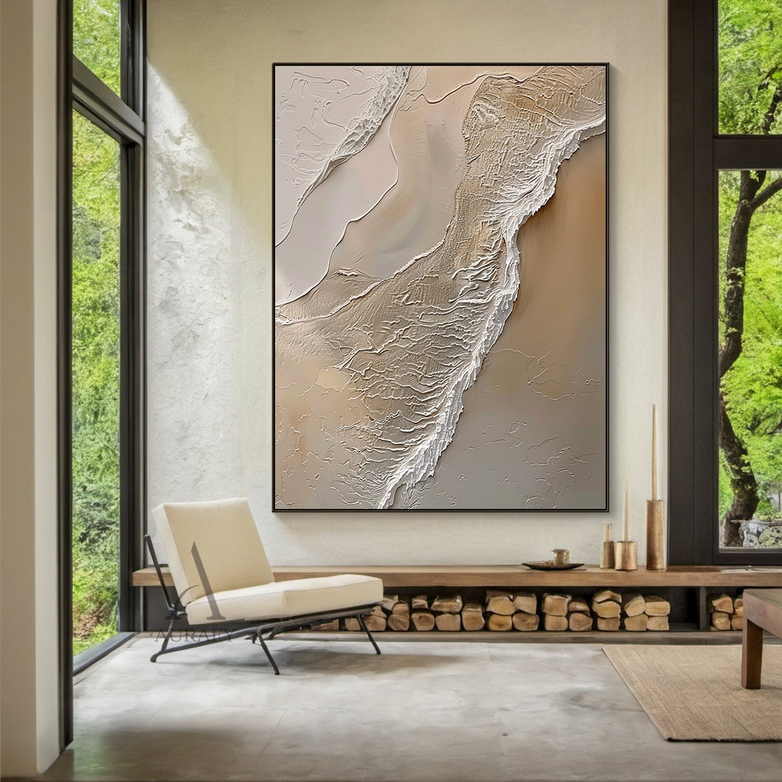 Ocean Brown Abstract Impasto Art: Tactile sculpted canvas with thick raised impasto layers of warm browns (light beige, sand tones) and wispy white lines mimicking ocean waves lapping at sunlit sand. High-relief texture creates dynamic shadows under soft ambient light. Perfect focal point for modern minimalist living room—above a sleek light gray sofa, paired with a natural wood side table and potted succulents—complementing neutral linen cushions and metallic accent decor.