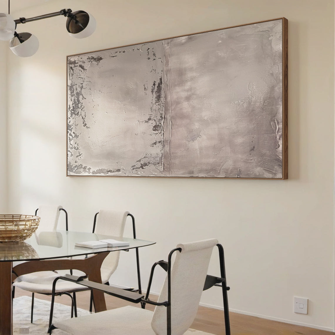 Wabi Sabi Abstract Tactile Impasto Gray Wall Art with Muted Pink Undertones & Distressed Surface (AURA191) - A warm focal point in a cozy bohemian bedroom. Features layered impasto texture, weathered patterns, soft silvery grays to deep charcoal, subtle pink hints. Displayed above a warm wooden bed frame with beige linen bedding, complementing woven macramé wall hangings, a potted fiddle leaf fig in the corner, and soft ambient light from a ceramic table lamp. Ideal for bohemian, organic home decor.