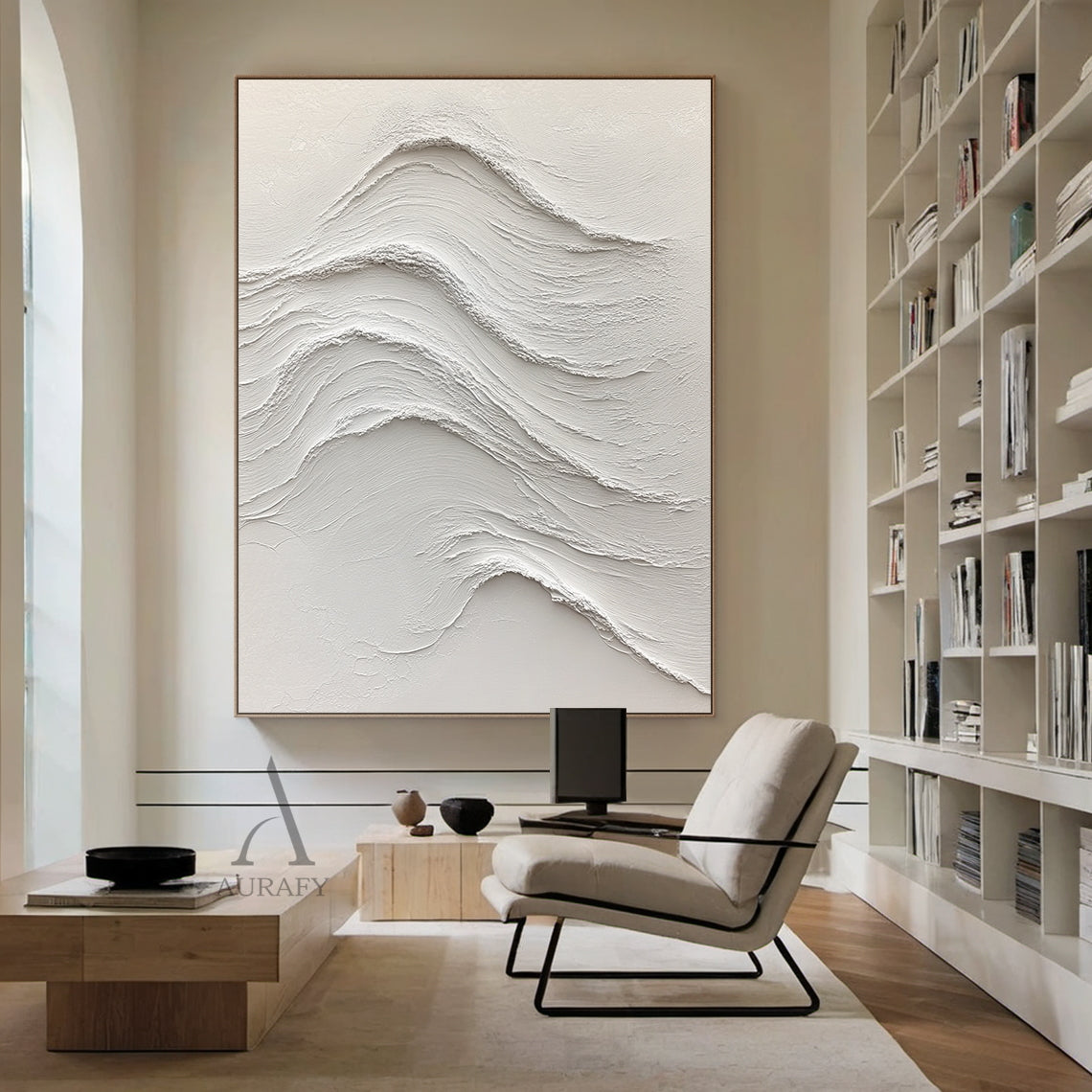 White Abstract Sea Wave Art: High-Relief Sculpted Plaster with Tactile Impasto Layers. Flowing wave lines present rough crests and smooth troughs, with monochromatic white palette exhibiting subtle light and shadow transitions. Perfect for minimalist living room accent wall, Japanese zen tea room, or elegant bedroom headboard decor—tactile wall sculpture fusing organic ocean rhythm with minimalist refinement.