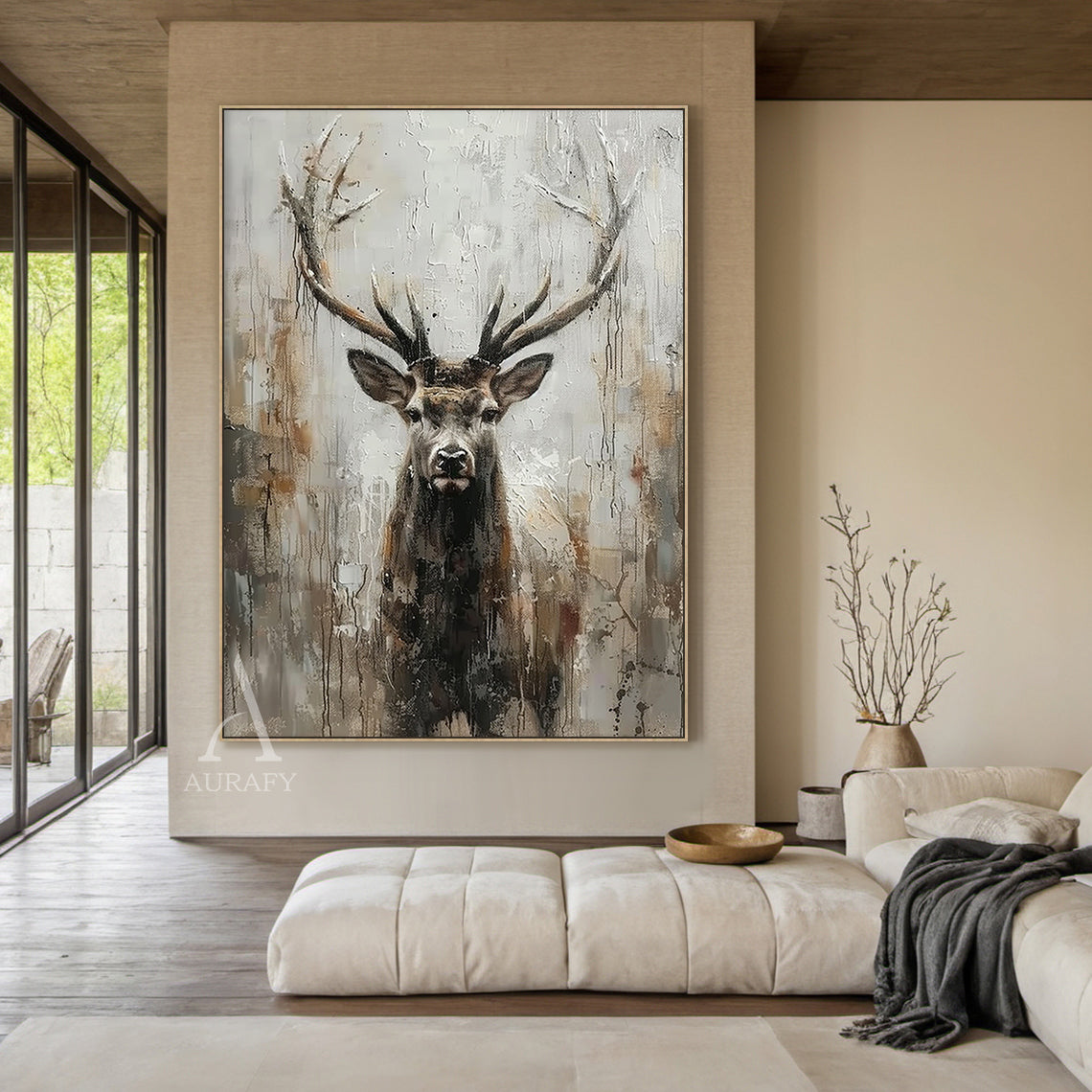 3D Textured Deer Wall Art - Wabi-Sabi Minimalist Painting with Thick Impasto Brushstrokes & Slightly Weathered Natural Texture. Features a gentle deer with antlers in soft brown, warm taupe, deep chestnut hues against a muted gray background. Ideal for Japandi nursery, kids room, or cozy living space decor.
