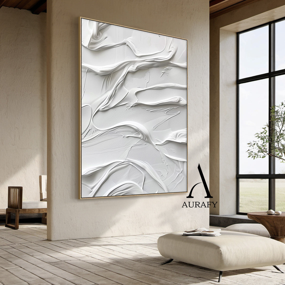 AURA522 3D Textured White Abstract Painting | High-Relief Tactile Knife Strokes. Minimalist luxe art with flowing silk-like curves & liquid wave textures in pure white tones. Ideal for modern living room sofa backdrop, Nordic-style bedroom headboard wall, or luxury dining area—perfect above plush sofa, wooden bed frame, or elegant dining table. Serene modern wall decor with wabi-sabi undertones.