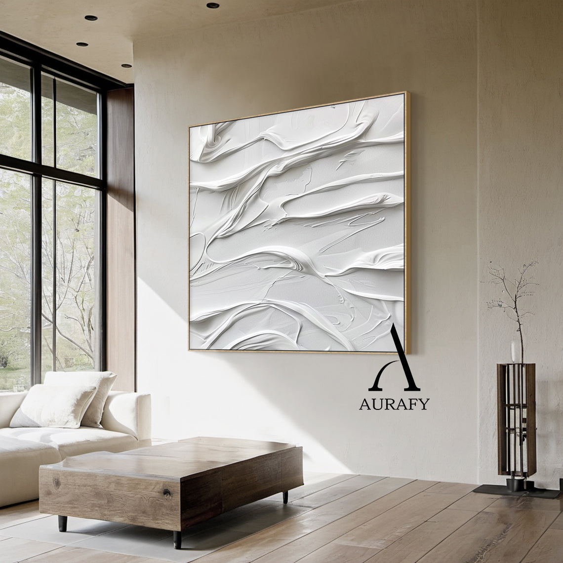 AURA522 3D Textured White Abstract Painting | High-Relief Tactile Knife Strokes. Minimalist luxe art with flowing silk-like curves & liquid wave textures in pure white tones. Ideal for modern living room sofa backdrop, Nordic-style bedroom headboard wall, or luxury dining area—perfect above plush sofa, wooden bed frame, or elegant dining table. Serene modern wall decor with wabi-sabi undertones.