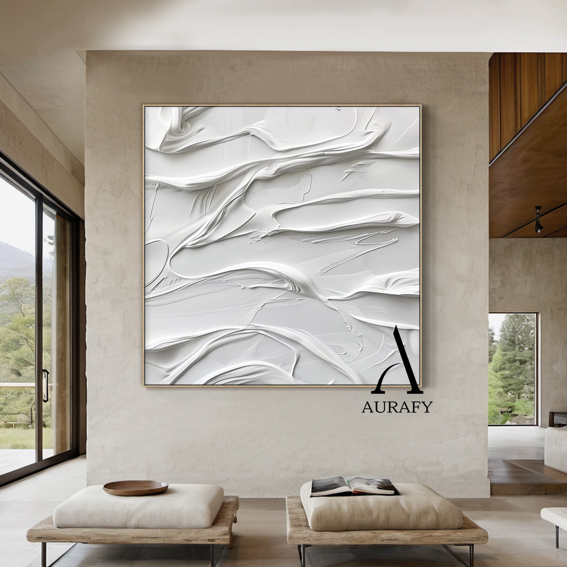 AURA522 3D Textured White Abstract Painting | High-Relief Tactile Knife Strokes. Minimalist luxe art with flowing silk-like curves & liquid wave textures in pure white tones. Ideal for modern home office, boho minimalist entryway, or coastal living space—perfect above sleek desk, floating shelf, or accent chair. Serene modern wall decor with wabi-sabi undertones.