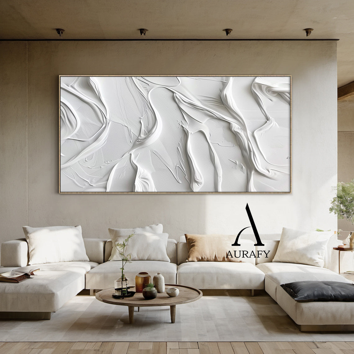 AURA522 3D Textured White Abstract Painting | High-Relief Tactile Knife Strokes. Minimalist luxe art with flowing silk-like curves & liquid wave textures in pure white tones. Ideal for modern home office, boho minimalist entryway, or coastal living space—perfect above sleek desk, floating shelf, or accent chair. Serene modern wall decor with wabi-sabi undertones.