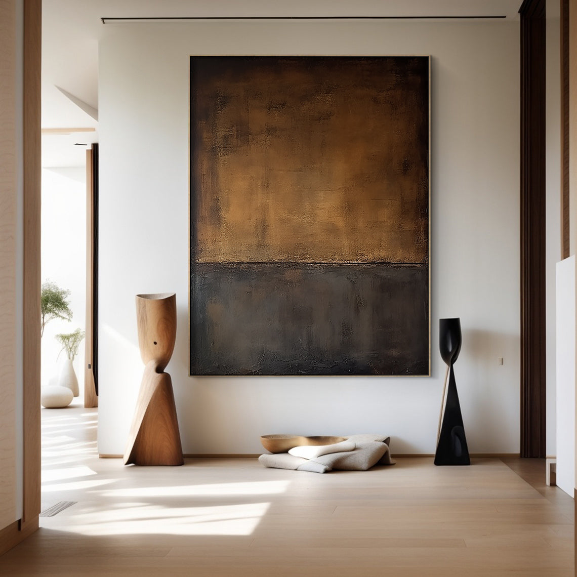 Vertical high-end abstract wall art with split composition: warm gold-brown upper half and deep black lower half, featuring tactile knife strokes and thick impasto texture. Hung as a striking focal point in a modern minimalist living room with soft neutral tones—light beige linen sofa, natural wood coffee table, sleek white floor lamp, potted monstera deliciosa—embodying natural simplicity and understated luxury, perfect for infusing depth and warm ambiance into contemporary living spaces.