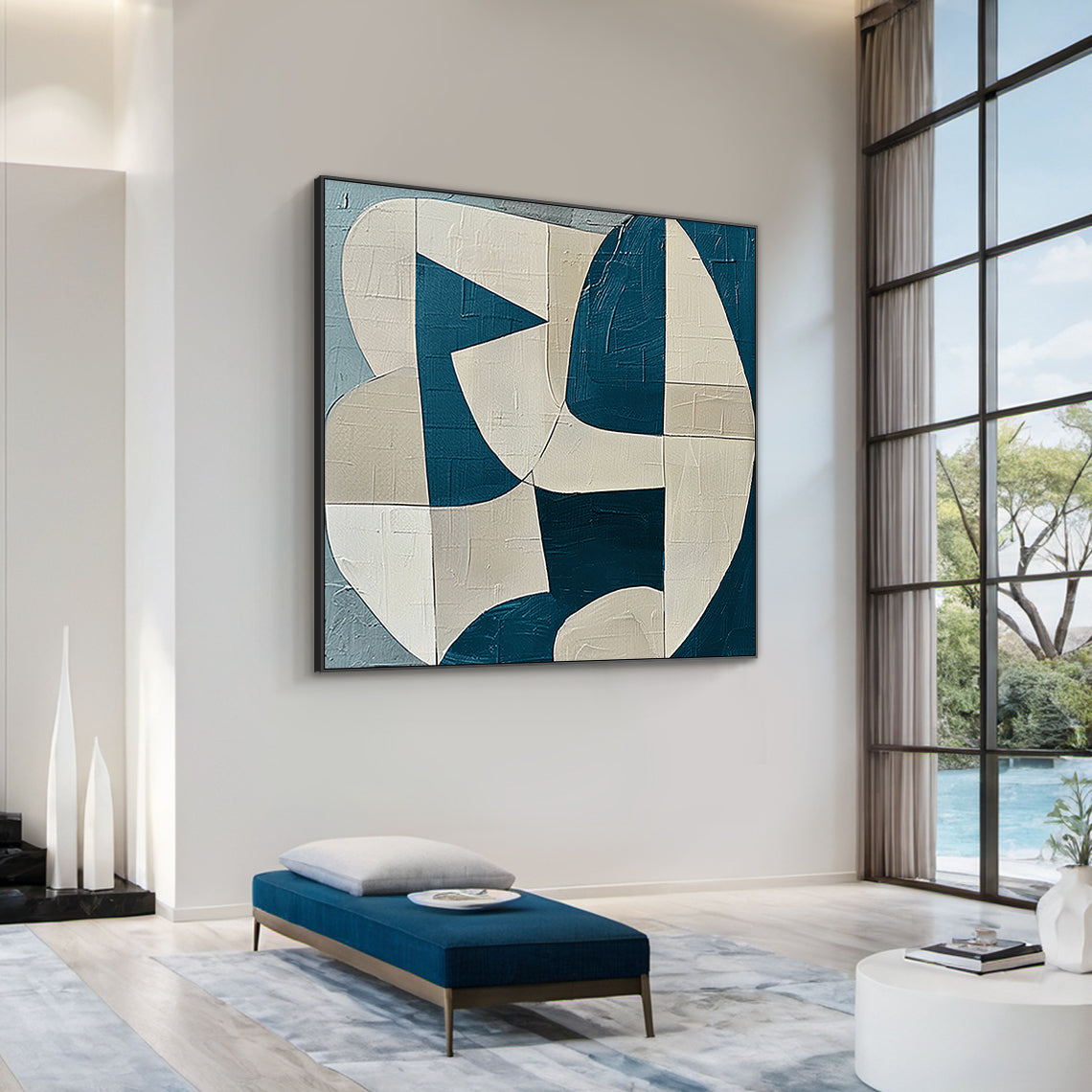 AURA164 Textured Abstract Wall Art: Deep Blue & Beige Geometric Curves/Lines with Impasto Texture, Modern Home Office Statement Piece Above Sleek Floating Shelf, Contemporary Canvas for Minimalist/Mid-Century Luxury Decor