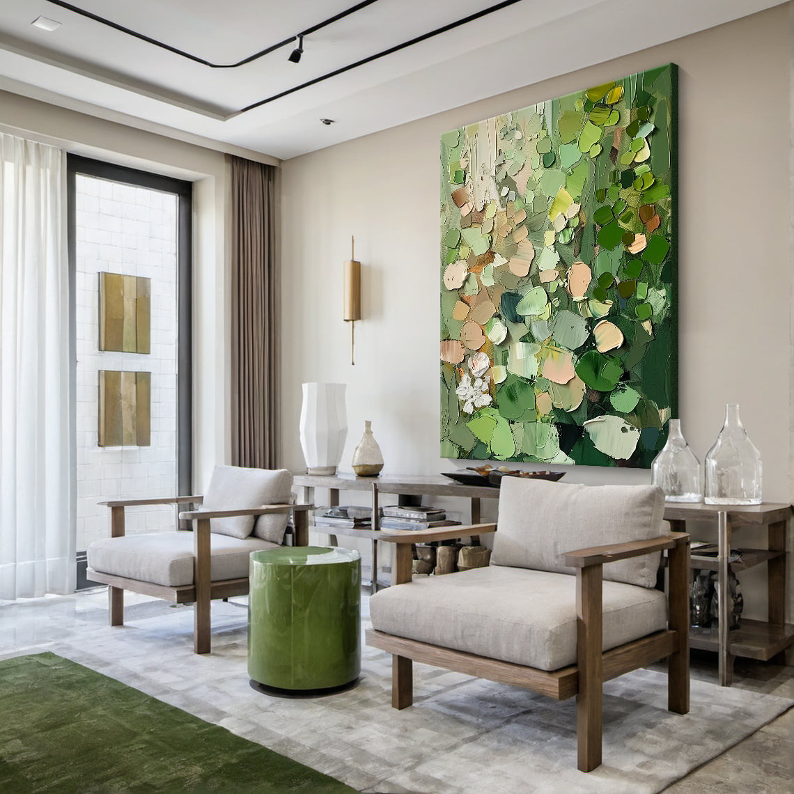 AURA163 Impasto Abstract Painting with thick textured layers of multi-tonal greens (olive, deep forest, light green), warm brown, beige, white, and subtle red accents. Abstract natural plant-inspired forms, hanging as a focal point in a minimalist bedroom above a neutral-toned linen bed, beside a wooden nightstand with a warm yellow table lamp. Ideal for minimalist, boho, or modern interiors, adding tactile depth and nature-inspired warmth to any space. This general abstract wall art features bold impasto s