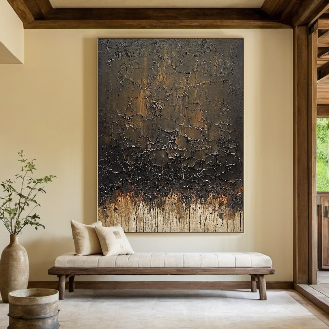 Wabi Sabi Abstract Art with Crackle Texture, Impasto & Drip Details (AURA215) - Earthy Browns, Charcoal Black & Light Beige with Soft Pink Undertones. Horizontal Statement Piece for Minimalist Living Room Above Rattan Coffee Table, Bohemian Bedroom Nook with Hanging Plants or Scandinavian Home Office Near Window Sill. Tactile 3D Canvas Celebrating Wabi Sabi Imperfection & Serene Organic Vibe. Ideal for Complementing Natural Rattan Furniture & Warm Neutral Interiors.