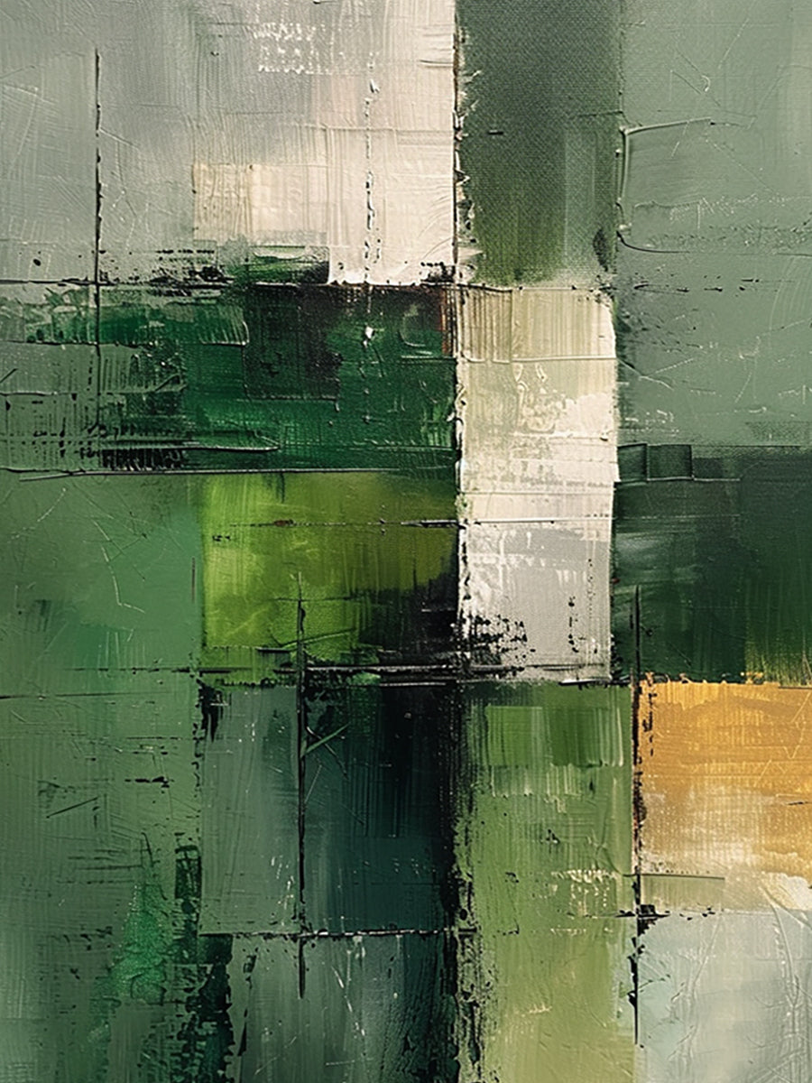 Wabi Sabi Abstract Geometric Canvas Wall Art in Cozy Minimalist Bedroom Scene: Hand-applied textured brushstrokes in olive, sage, forest green, cream, and gold accents. Rough raised tactile surface with cross grid lines, displayed above a low-profile oak bed dressed in warm beige linen duvet and soft white pillows. Soft glow from a ceramic table lamp on a reclaimed wood nightstand highlights the raised texture and gold flecks, adding organic depth and tranquil charm. Slim black frame complements the muted b