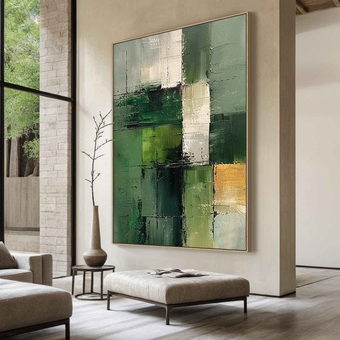 Wabi Sabi Abstract Geometric Canvas Wall Art in Cozy Minimalist Bedroom Scene: Hand-applied textured brushstrokes in olive, sage, forest green, cream, and gold accents. Rough raised tactile surface with cross grid lines, displayed above a low-profile oak bed dressed in warm beige linen duvet and soft white pillows. Soft glow from a ceramic table lamp on a reclaimed wood nightstand highlights the raised texture and gold flecks, adding organic depth and tranquil charm. Slim black frame complements the muted b