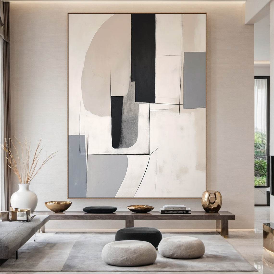 Modern Wabi Sabi abstract geometric wall art with monochrome black, white, gray blocks and subtle pink accents, framed in slim black metal. Displayed in a calm bedroom setting with a low-profile wooden bed, soft linen bedding, minimalist nightstand holding a small potted succulent, and gentle natural light filtering through sheer curtains—perfect for adding a tranquil, contemporary touch to minimalist bedroom decor.