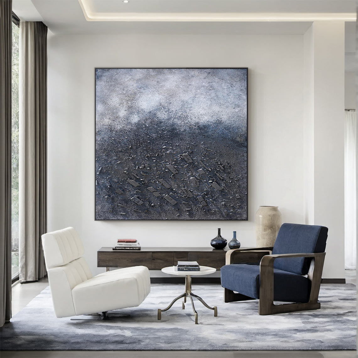Wabi Sabi Abstract Plaster Textured High-Relief Canvas Art (AURA218) | Gray-Blue Gradient with Subtle Pink Accents | Perfect for Japandi Living Room Wall Decor, Minimalist Bedroom Focal Point, or Neutral Console Table Gallery Wall Centerpiece. Features rough organic texture (thick paint, mixed gravel) for a tactile, natural imperfection vibe, complementing modern rustic interiors.
