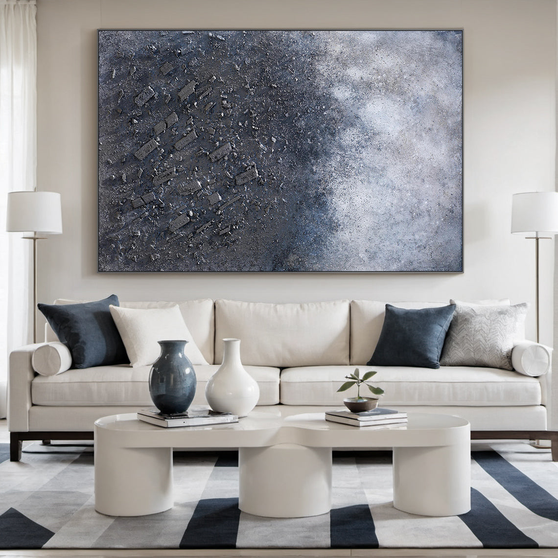 Wabi Sabi Abstract Plaster Textured High-Relief Canvas Art (AURA218) | Gray-Blue Gradient with Subtle Pink Accents | Perfect for Japandi Living Room Wall Decor, Minimalist Bedroom Focal Point, or Neutral Console Table Gallery Wall Centerpiece. Features rough organic texture (thick paint, mixed gravel) for a tactile, natural imperfection vibe, complementing modern rustic interiors.