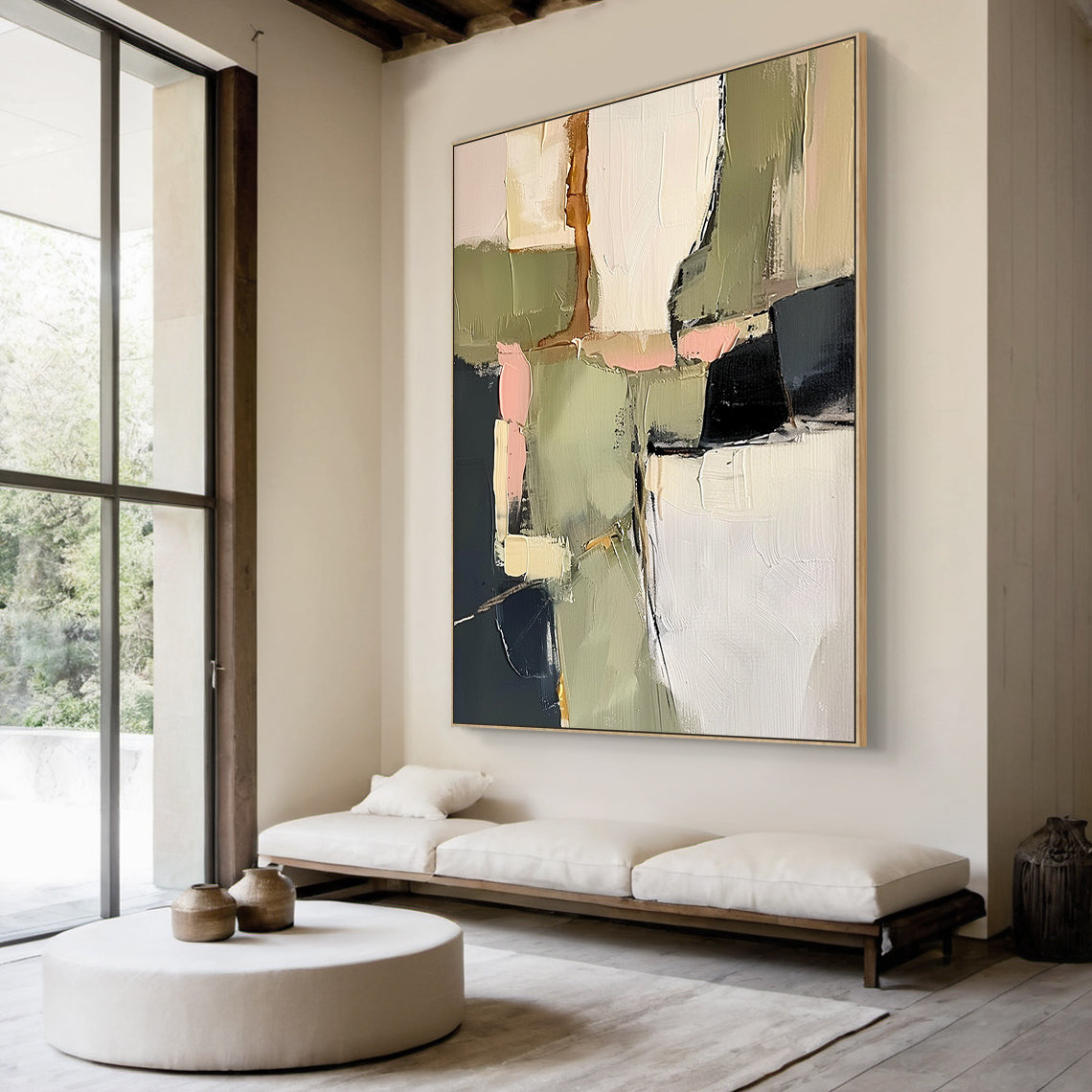 AURA162 Wabi Sabi Abstract Wall Art - Textured Canvas Painting with Earthy Greens, Creamy Neutrals, Soft Low-Saturation Pink & Dark Gray/Black Accents. Thick Impasto Brushstrokes for Handmade Irregular Block Texture. Ideal for Cozy Living Room Sofa Backdrop, Minimalist Bedroom Headboard Wall or Scandi-Inspired Entryway Focal Point. Fits Wabi Sabi Interior Design & Natural-Toned Home Spaces.