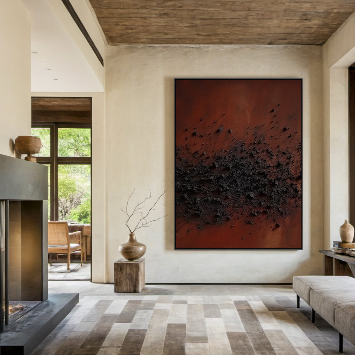Wabi Sabi Handcrafted Textured Abstract Wall Art in Deep Red & Charcoal Black. High-Relief Plaster Surface with Organic Imperfections, Perfect for Serene Minimalist Spaces, Japandi Decor, or Cozy Reading Corners. Displayed on a Light Wood Accent Wall in a Japandi Living Room, Flanked by a Low-profile Linen Sofa & a Small Bamboo Side Table with a Potted Succulent. Ideal for Infusing Tactile Warmth to Japandi Living Areas or Minimalist Reading Nooks, Embodying Wabi Sabi’s Celebration of Imperfect, Natural Bea
