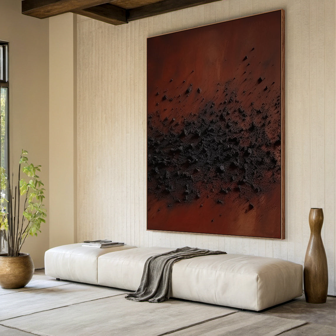 Wabi Sabi Handcrafted Textured Abstract Wall Art in Deep Red & Charcoal Black. High-Relief Plaster Surface with Organic Imperfections, Perfect for Serene Minimalist Spaces, Japandi Decor, or Cozy Reading Corners. Displayed on a Light Wood Accent Wall in a Japandi Living Room, Flanked by a Low-profile Linen Sofa & a Small Bamboo Side Table with a Potted Succulent. Ideal for Infusing Tactile Warmth to Japandi Living Areas or Minimalist Reading Nooks, Embodying Wabi Sabi’s Celebration of Imperfect, Natural Bea