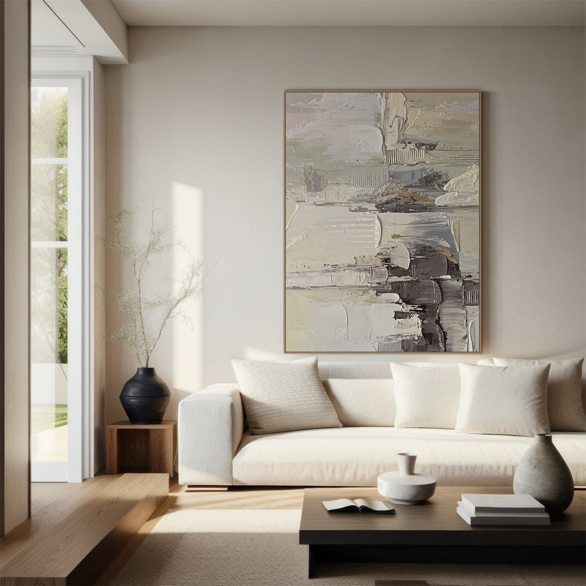 Wabi Sabi Abstract Textured Wall Art - Hand-applied impasto acrylic paint with thick, organic brushstrokes and palette knife texture. Neutral tones (beige, soft gray, off-white) with subtle pink accents, framed in natural wood. Displayed above a beige linen sofa in a bright living room, the raised texture catches natural light through sheer curtains—creating layered light and shadow effects that emphasize its tactile depth, perfect for minimalist/bohemian/Scandinavian decor. Also ideal for bedroom, ready to