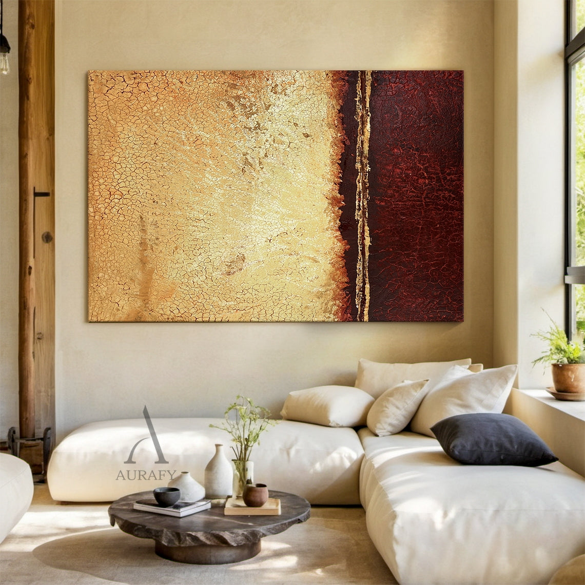 Wabi-Sabi Abstract Yellow Red Wall Art (AURA405) Real Installation Scene Version, with crackled vintage 3D texture, upper warm golden yellow gradient section, lower rich earthy red area, thin horizontal luminous gold accent line dividing the two color blocks, abstract expressionist style without figurative patterns, aged natural patina visual effect, showing actual matching effect with light-toned home furnishings, ideal for Japandi, minimalist, contemporary residential and commercial space decoration.