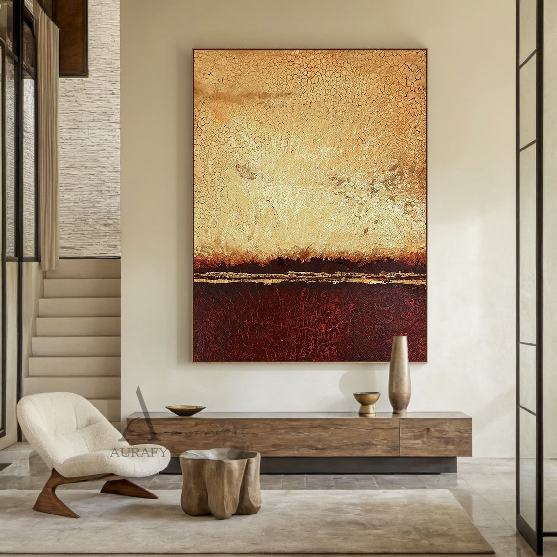 Wabi-Sabi Abstract Yellow Red Wall Art (AURA405) with crackled vintage 3D texture, upper warm golden yellow gradient section, lower rich earthy red area, thin horizontal luminous gold accent line dividing the two color blocks, abstract expressionist style without figurative patterns, aged natural patina visual effect, ideal for Japandi, minimalist, contemporary residential and commercial space decoration.