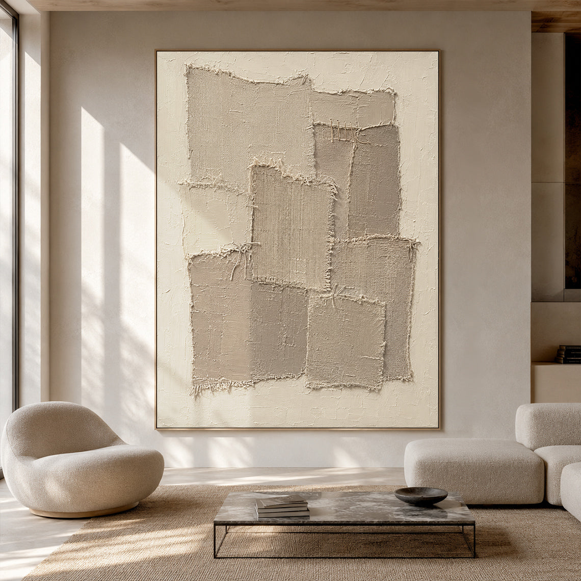 Handcrafted wabi sabi beige 3D textured canvas wall art mounted on a soft warm white interior wall, with overlapping frayed raw woven fabric patches and hand-stitched cord accents set on a thick rough matte cream impasto base. The full palette covers soft muted warm beige, oat and light taupe neutral earth tones, it is a Japandi minimalist tactile neutral wall decor that fits seamlessly into calm organic living room, bedroom and entryway interiors.