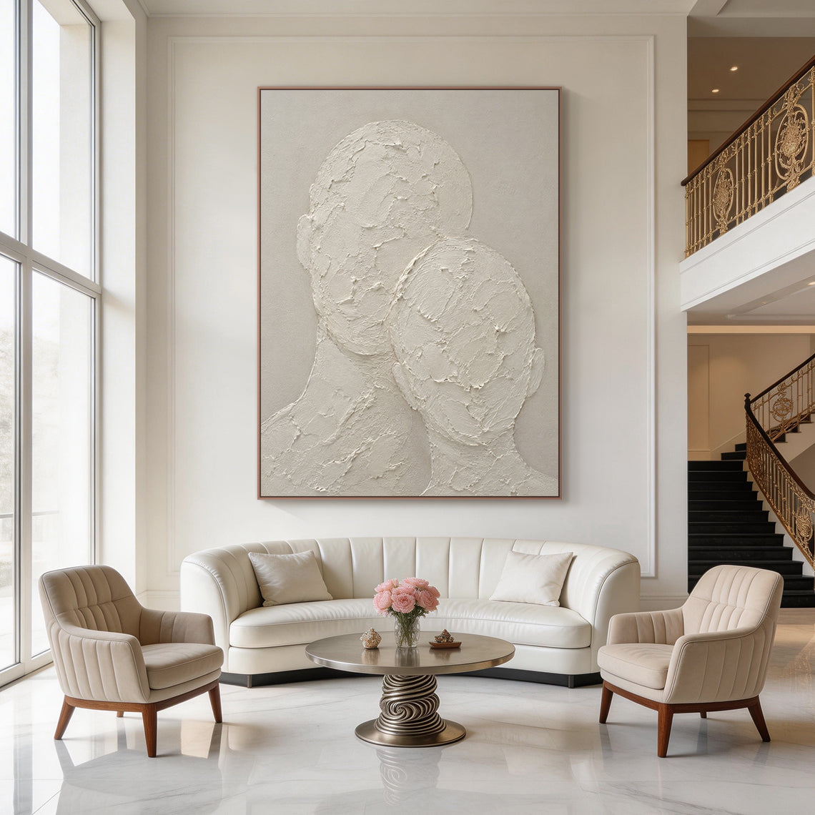 Wabi-sabi beige 3D textured plaster canvas wall art, handcrafted with thick impasto knife strokes, displays two faceless abstract head and neck silhouettes in an intimate leaning snuggling pose. It has raised, cracked, rough tactile texture against a smooth muted warm beige background, with a monochromatic neutral off-white soft taupe palette, a minimalist Japandi figurative artwork fitting calm curated home interior decor.
