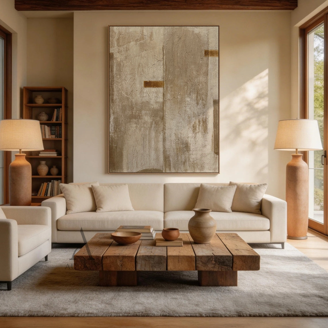 Wabi-sabi beige minimalist abstract hand-painted canvas wall art displayed in a real home living room scene, full canvas covered with rough crinkled cracked impasto texture that resembles dried natural plant fiber or aged weathered plaster, adopts a whole set of neutral warm color palette covering soft beige, taupe and earthy brown, symmetrical composition divided by a faint central vertical split line, two deep burnt umber rectangular decorative accents are arranged on the left middle area and upper right